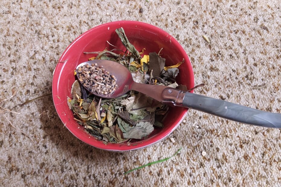 Volumétrie pour 20g (une ration) de SAB Degu mix (sèche) avec 16g de plantes séchées et 4g de graines.